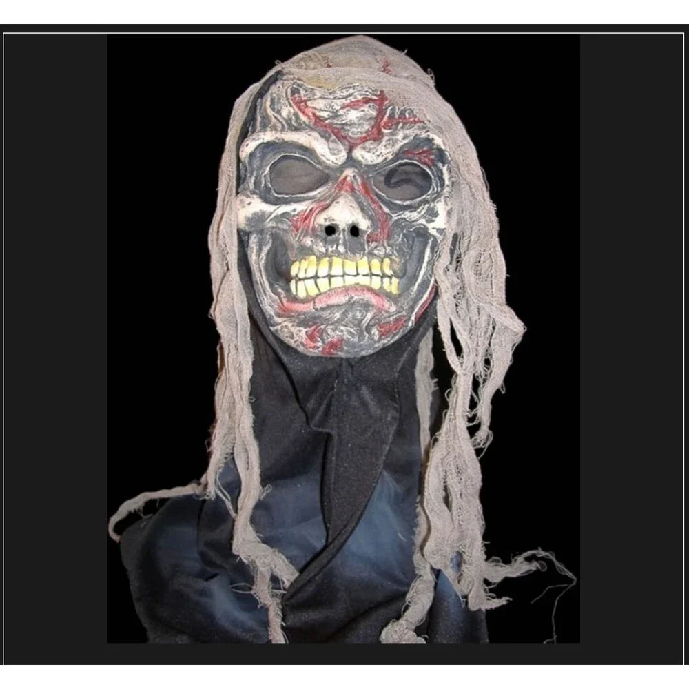 Scary Skeleton Zombie Mask Hood Long Gray Hair Halloween Adult Horror Costume
